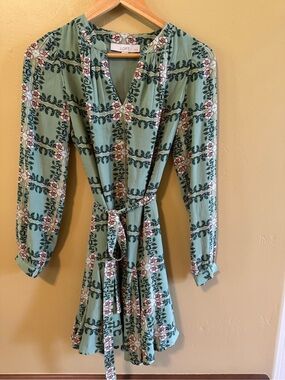 LOFT Sage Green Floral Wrap Dress with Pink Blooms